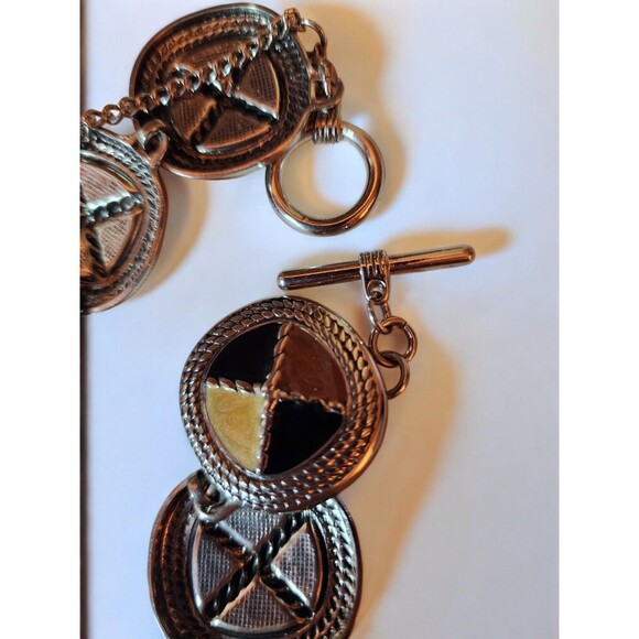 VTG Geometric Statement Necklace–Silver Tone, Black & Brown Enamel, Toggle Clasp - Picture 5 of 6